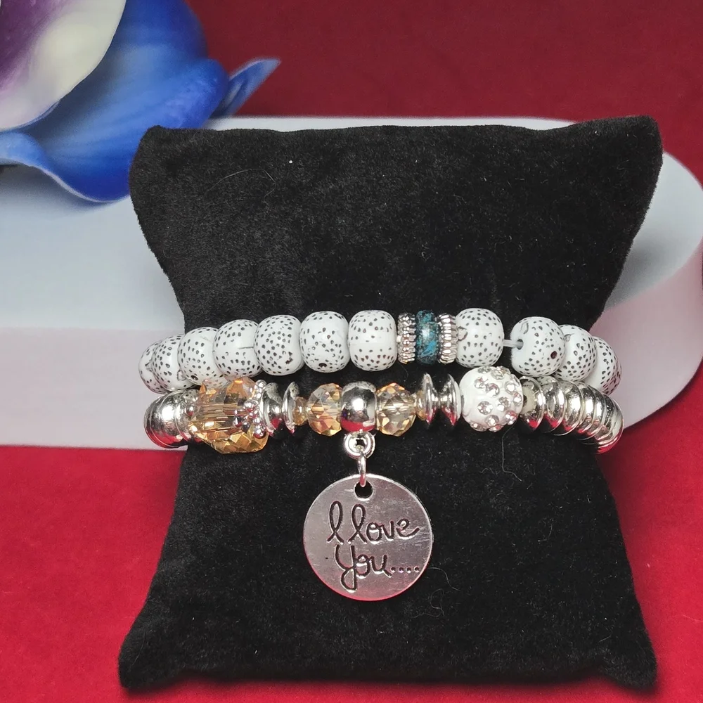 White & Silver Beaded Bracelet Set “I Love You” Charm – 2 Piece Stack Jewelry